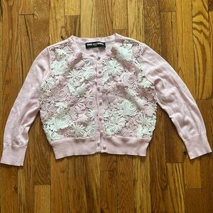 Karl Lagerfeld Pink cardigan sweater,pearl buttons, white and pink lace overlay